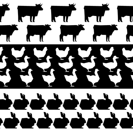 Farm animals silhouettes seamless borders. Black and white silhouette farm animal. Vector illustrationのイラスト素材