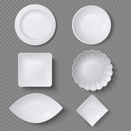 Different shapes of realistic food plates, dishes and bowls vector set. Plate dish for restaurant, empty utensil and dishware illustrationのイラスト素材