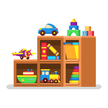 Kids toys on wood rack for interior room, vector illustration.のイラスト素材