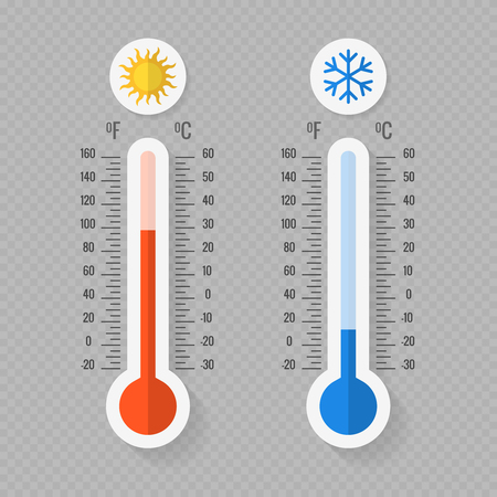 Hot and cold meteorology thermometers on transparent background. Blue and red thermometers. Vector illustrationのイラスト素材