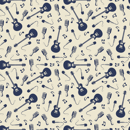 Vintage musical seamless pattern with guitars, microphones and music notes. Vector illustrationのイラスト素材