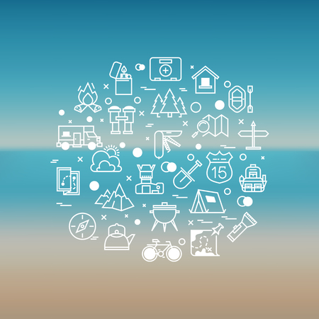 Travelling summer rest line icons concept. Vacation and tourism linear, vector illustrationのイラスト素材