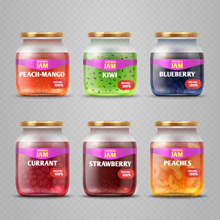 Realistic vector fruit jam glass jars isolated. Colored jam in jar container illustrationのイラスト素材