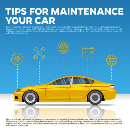 Car mainentance tips vector illustration. Yellow car and line icons on blue background with reflection. Service and repair automobile centerのイラスト素材