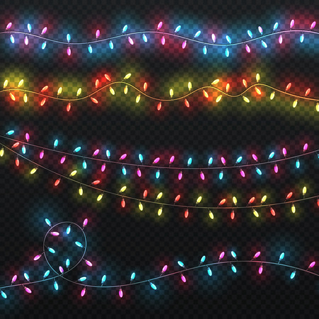 Festive christmas lights. Xmas lighting carnival holiday garlands vector set. Garland decoration for carnival xmas and new year holiday illustrationのイラスト素材