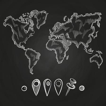 Chalkboard with doodle world map and pins. Travel atlas blackboard, vector illustrationのイラスト素材