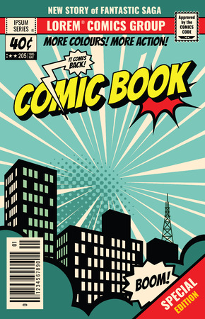 Retro magazine cover. Vintage comic book vector template. Book cover for comic cartoon magazine page illustrationのイラスト素材