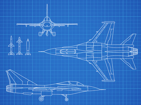 Military jet aircraft drawing vector blueprint design. Aircraft military plan blueprint illustrationのイラスト素材