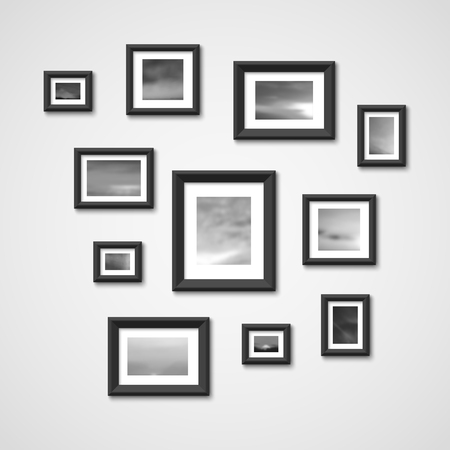 Picture frames with nature photos on wall. Interior design vector illustration. Photo picture gallery for interiorのイラスト素材