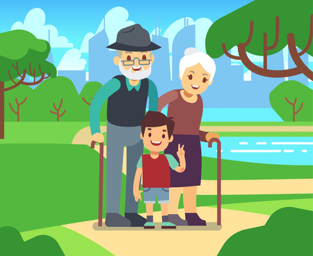 Happy cartoon older couple with grandson in park vector illustration. Grandfather and grandmother together grandsonのイラスト素材