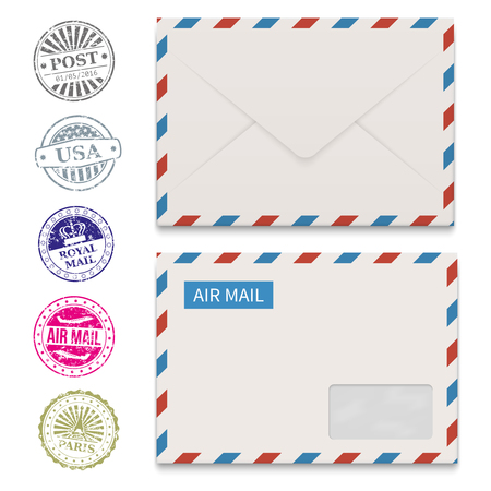Envelopes and grunge post stamps isolated on white. Vector post stamp and envelope letter illustrationのイラスト素材