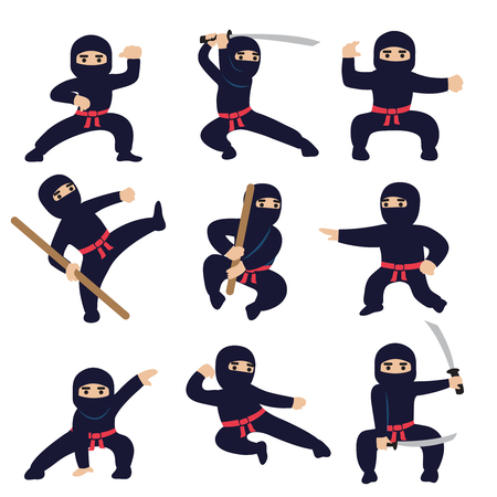 Cartoon funny warriors. Ninja or samurai vector charactersのイラスト素材