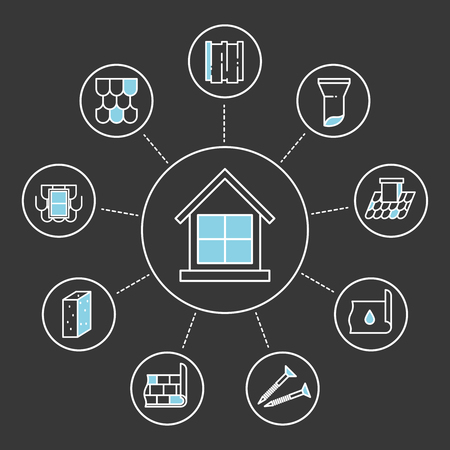 Roof, housetop construction materials thin line icons setのイラスト素材