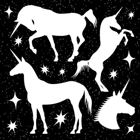 White unicorn silhouettes set with stars on black backdropのイラスト素材