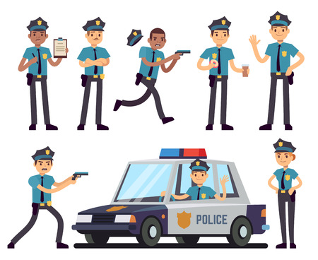 Cartoon policewoman and policeman characters in police uniform vector setのイラスト素材