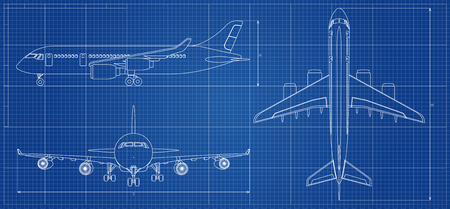 Airplane blueprint. Outline aircraft on blue background. Vector illustrationのイラスト素材
