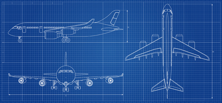 Airplane blueprint. Outline aircraft on blue background. Vector illustration