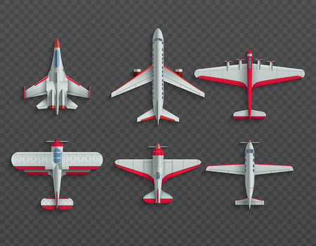 Airplanes and military aircraft top view. 3d airliner and fighter vector iconsのイラスト素材