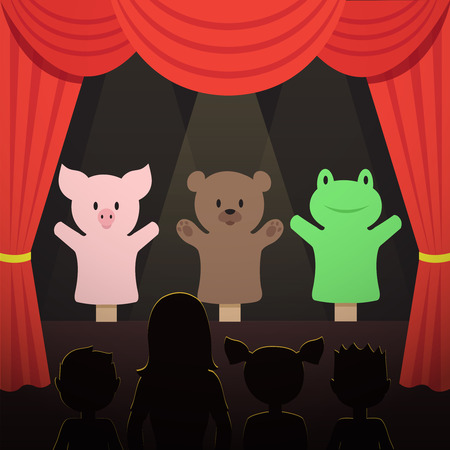 Childrens puppet theater performance with animals actors and kids audience vector illustrationのイラスト素材