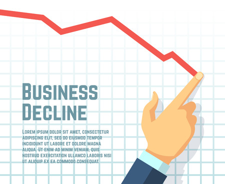 Businessmans hand drawing decrease graph. Profit decline and downward sales business vector conceptのイラスト素材