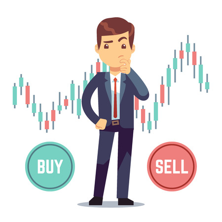 Young man trader and business candlestick chart with buy and sell buttons. Stock market and trade exchange vector conceptのイラスト素材
