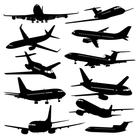 Flight aviation vector icons. Airplane black silhouettesのイラスト素材