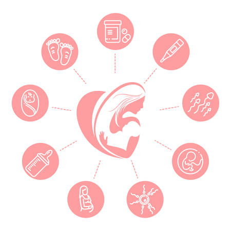 Motherhood concept - new baby icons with mom and childのイラスト素材