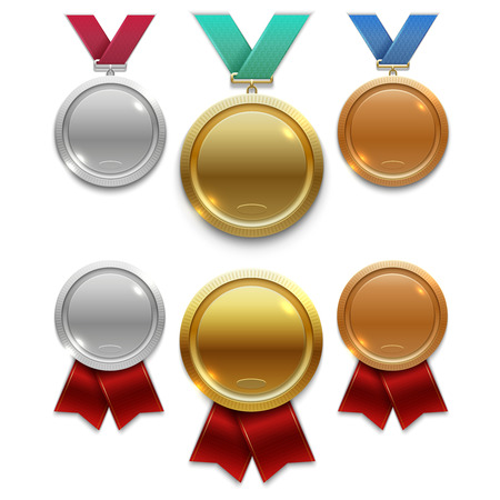 Champion gold, silver and bronze award medals with red and colors ribbons isolated on white background. Medal sport prize with ribbon. Vector illustrationのイラスト素材