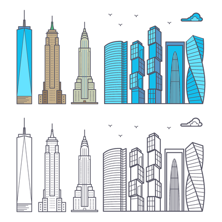 Linear and colorful city skyscrapers isolated on white backgroundのイラスト素材