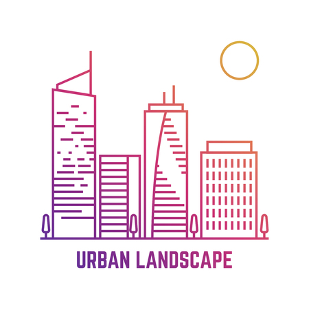 Colorful urban landscape in line vector style illustration.のイラスト素材