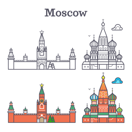 Moscow linear russia landmark, soviet buildings, Red Square isolated on white background. Vector illustrationのイラスト素材