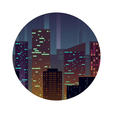 Night city with shining buildings round concept. Vector flat illustrationのイラスト素材