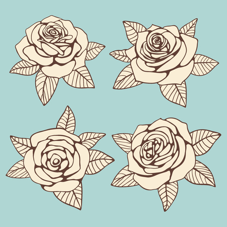 Vintage hand drawn roses with leaves design. Vector flat illustrationのイラスト素材