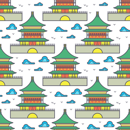 Traditional asian chinese house color seamless pattern. Vector flat illustrationのイラスト素材
