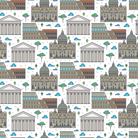 Linear Rome city famous buildings seamless pattern. Vector illustration flatのイラスト素材