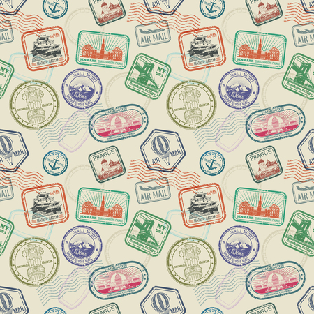 Vintage passport travel stamps vector seamless patternのイラスト素材