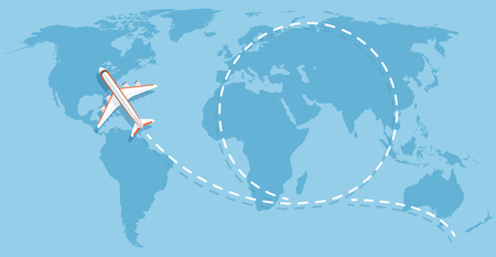 Airplane flying above world map. Aircraft travelling flat vector conceptのイラスト素材