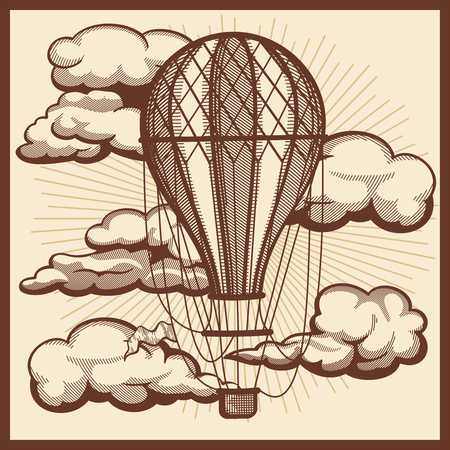 Hand drawn clouds and air balloon. Vector vintage sketch illustration.のイラスト素材