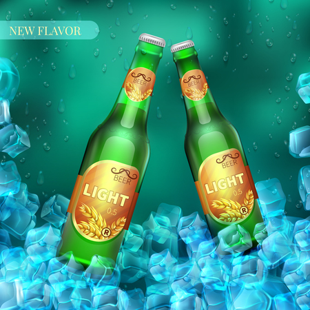 Frozen light beer bottles with ice cubes. Product vector retail background. Illustration of beer in cold ice banner and posterのイラスト素材