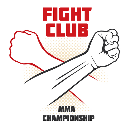Fight club vector poster with strong hand emblem. MMA fighting background. Mma battle club, martial mixed art illustrationのイラスト素材