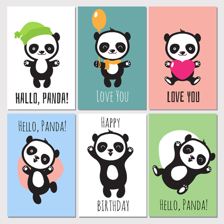 Cute panda kids vector invitation cards. Set of banner with panda animal illustrationのイラスト素材