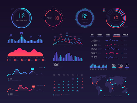 Intelligent technology hud vector interface. Network management data screen with charts and diagramsのイラスト素材