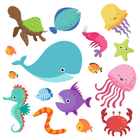 Cartoon children's aquarium and wild sea fishes vector set.のイラスト素材