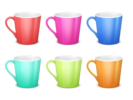 Colorful 3d mugs, empty coffee ceramic cup isolated vector collection illustration of colored cup drink.のイラスト素材