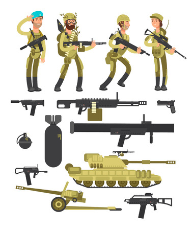 Military soldiers with ammunition, guns and weapons isolated vector collectionのイラスト素材