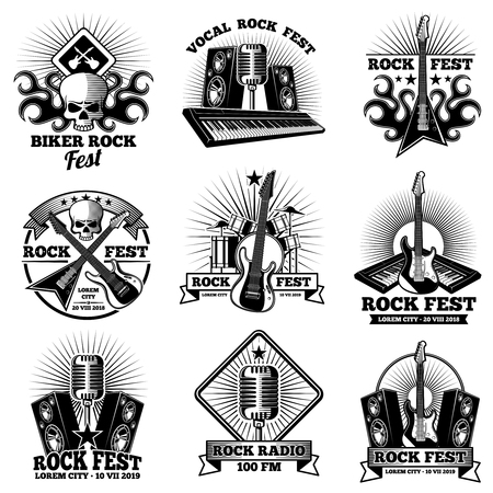 Retro rock n roll band labels. Grunge rocks party festival vector labels.のイラスト素材