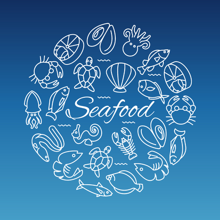 Seafood line banner with fish shrimp oysterのイラスト素材