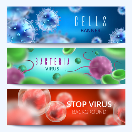 Microbiology and medical vector web banners with 3d bacteria and virusesのイラスト素材