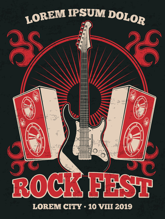 Retro rock music band vector poster with guitarのイラスト素材