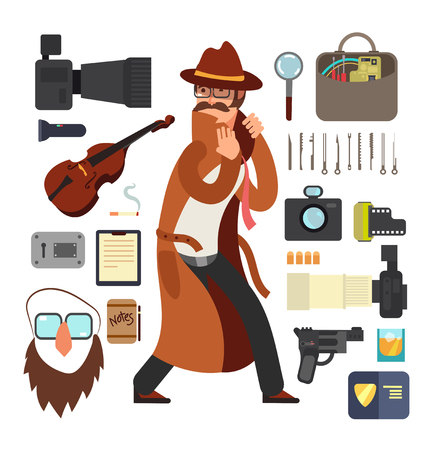 Cartoon surveillance detectives with equipment vector set for investigation concept. Character detective surveillance and investigation illustrationのイラスト素材